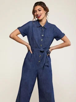 Yumi Blue 100% Cotton Denim Button Jumpsuit Outlet