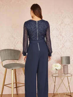 Yumi Blue Sequin Jumpsuit With Long Sleeves Hot