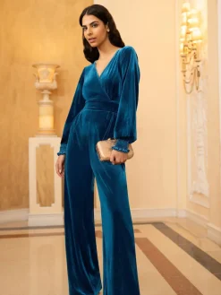 Yumi Blue Velvet Long sleeve Jumpsuit Online