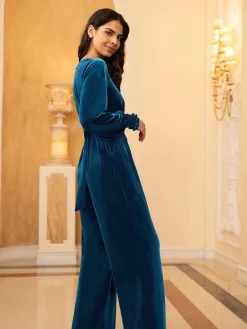 Yumi Blue Velvet Long sleeve Jumpsuit Online