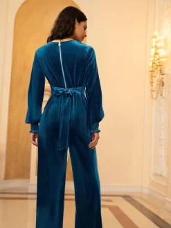 Yumi Blue Velvet Long sleeve Jumpsuit Online