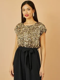 Yumi Gold Sequin Top Stretch Jumpsuit Sale
