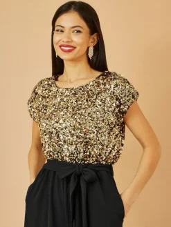 Yumi Gold Sequin Top Stretch Jumpsuit Sale