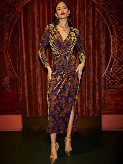 Yumi Velour Stretch Midi Dress With Long Sleeves Gold Clearance