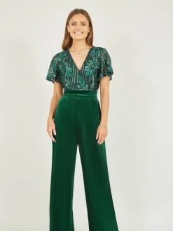 Yumi Sequin Embellished Velvet Jumpsuit With Angel Sleeves Green Online