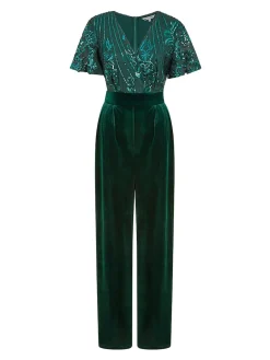 Yumi Sequin Embellished Velvet Jumpsuit With Angel Sleeves Green Online