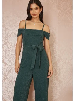 Yumi Green Sparkle Stretch Bardot Jumpsuit Discount