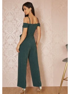 Yumi Green Sparkle Stretch Bardot Jumpsuit Discount