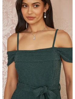 Yumi Green Sparkle Stretch Bardot Jumpsuit Discount