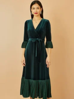 Yumi Green Velvet Wrap Midi Dress With Contrast Hemline Clearance
