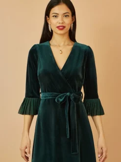 Yumi Green Velvet Wrap Midi Dress With Contrast Hemline Clearance