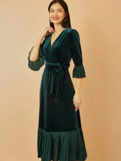 Yumi Green Velvet Wrap Midi Dress With Contrast Hemline Clearance