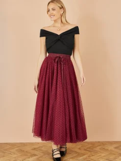 Yumi Mesh Heart Print Tulle Skirt Red Discount