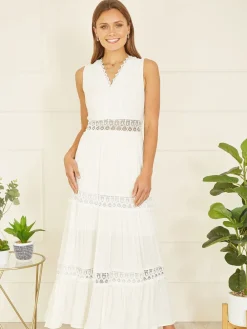 Yumi Lace Trim Sun Dress White New